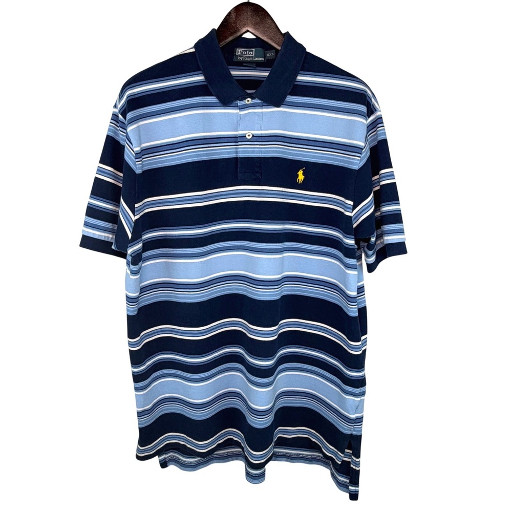 Vintage Polo Ralph Lauren Striped SS Pique Polo Shirt XXL Blue White 90s Y2K